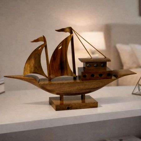 Handcrafted Wood Boat Figurine for Table Decor